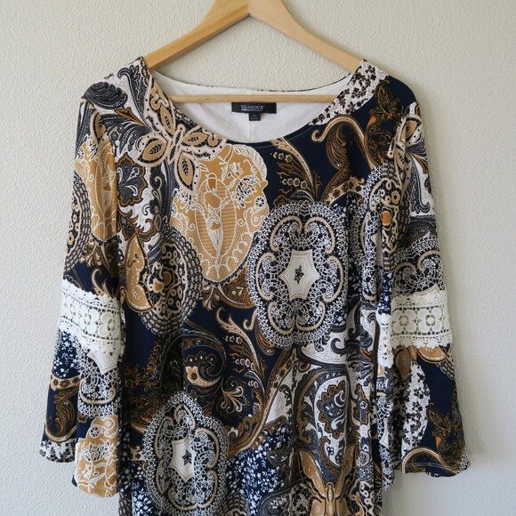 GLAMOUR Floral Dress Sz 16 Midi Abstract Lace Details Knee Modest Brown Stretch - Picture 4 of 10